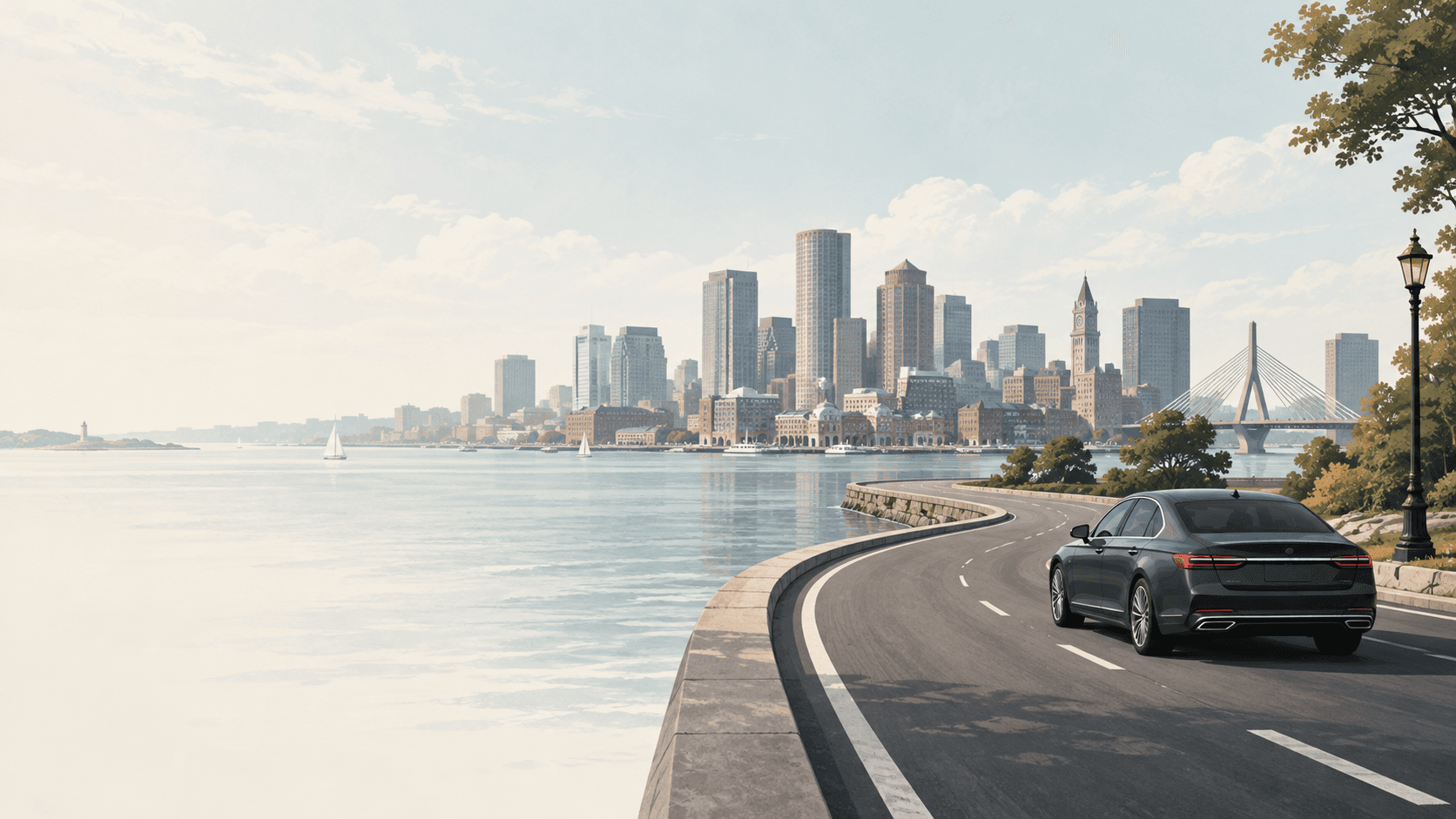 Illustration of an executive sedan following a waterfront road toward Boston